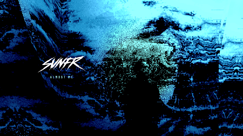Desktop wallpaper with the SVNFR logo and Almost Me title beside the cyan portrait